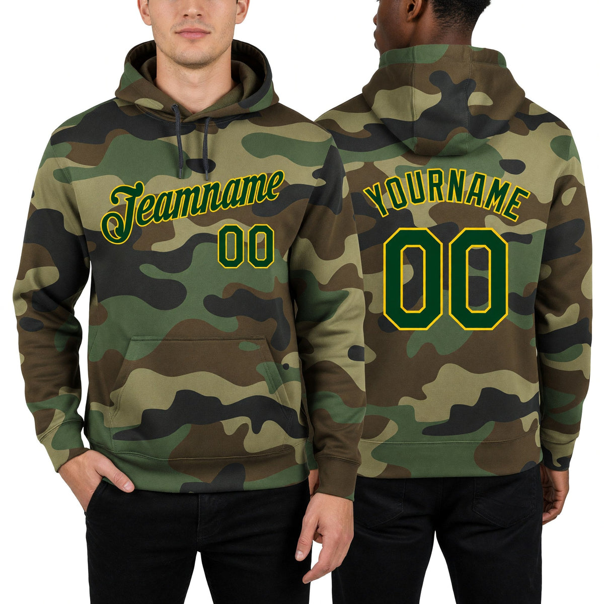 Custom Stitched Camo Green-Gold Sports Pullover Sweatshirt Salute To Service Hoodie worn front and back