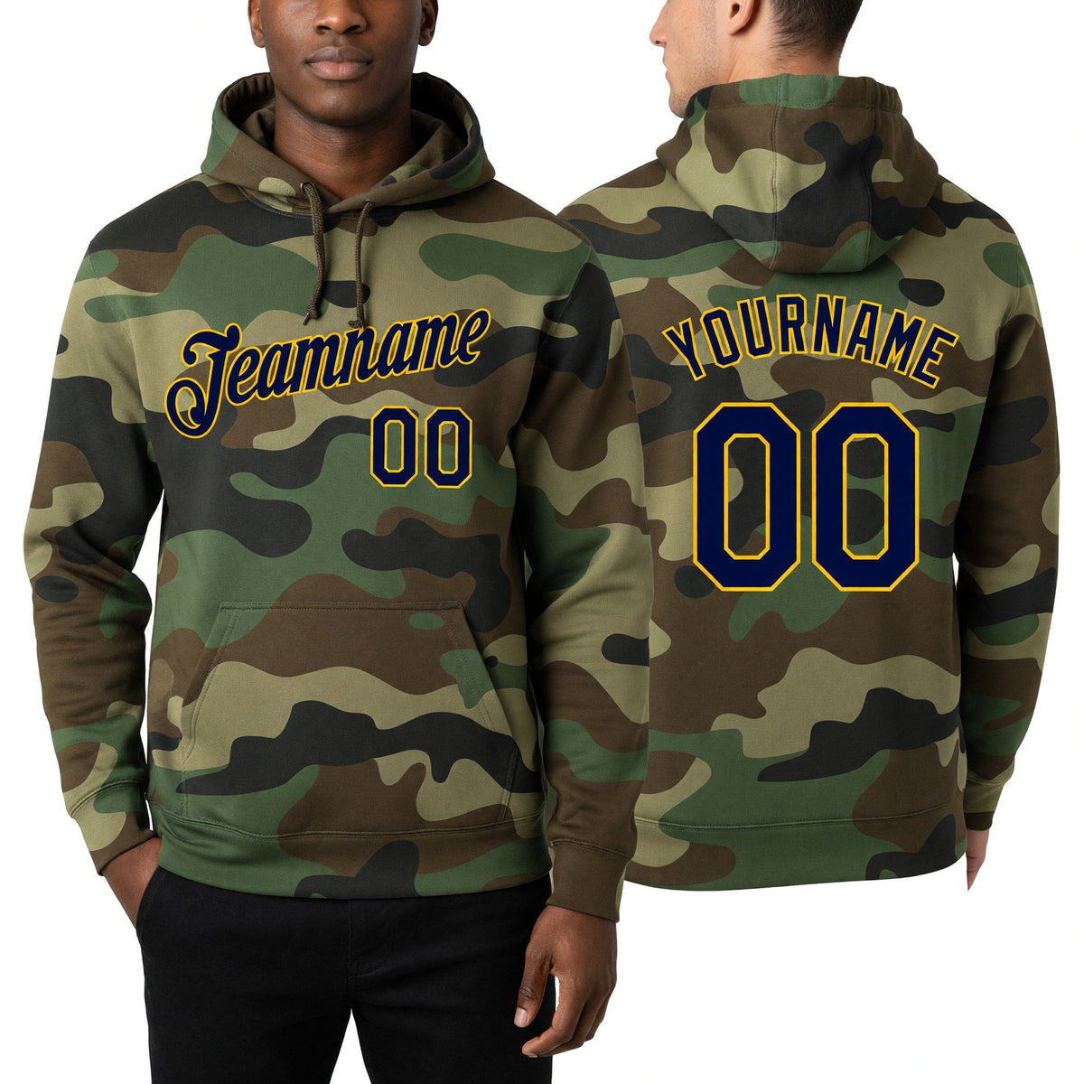 Custom Stitched Camo Navy-Gold Sports Pullover Sweatshirt Salute To Service Hoodie worn front and back