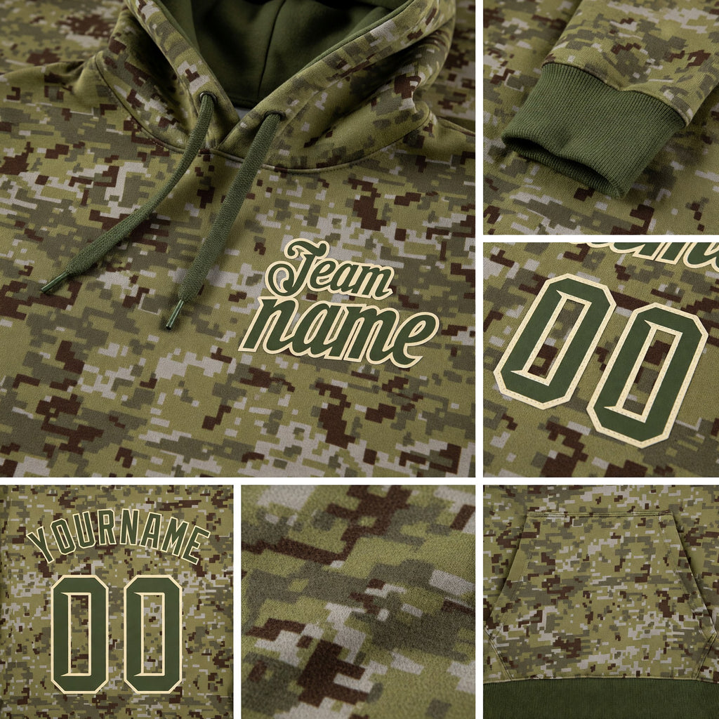 Custom Stitched Camo Olive-Cream Sports Pullover Sweatshirt Salute To Service Hoodie detail