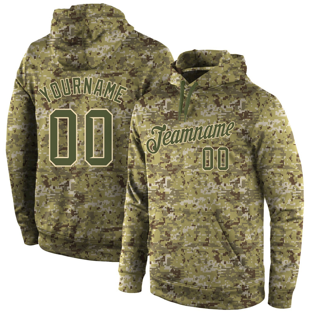 Custom Stitched Camo Olive-Cream Sports Pullover Sweatshirt Salute To Service Hoodie photo 1
