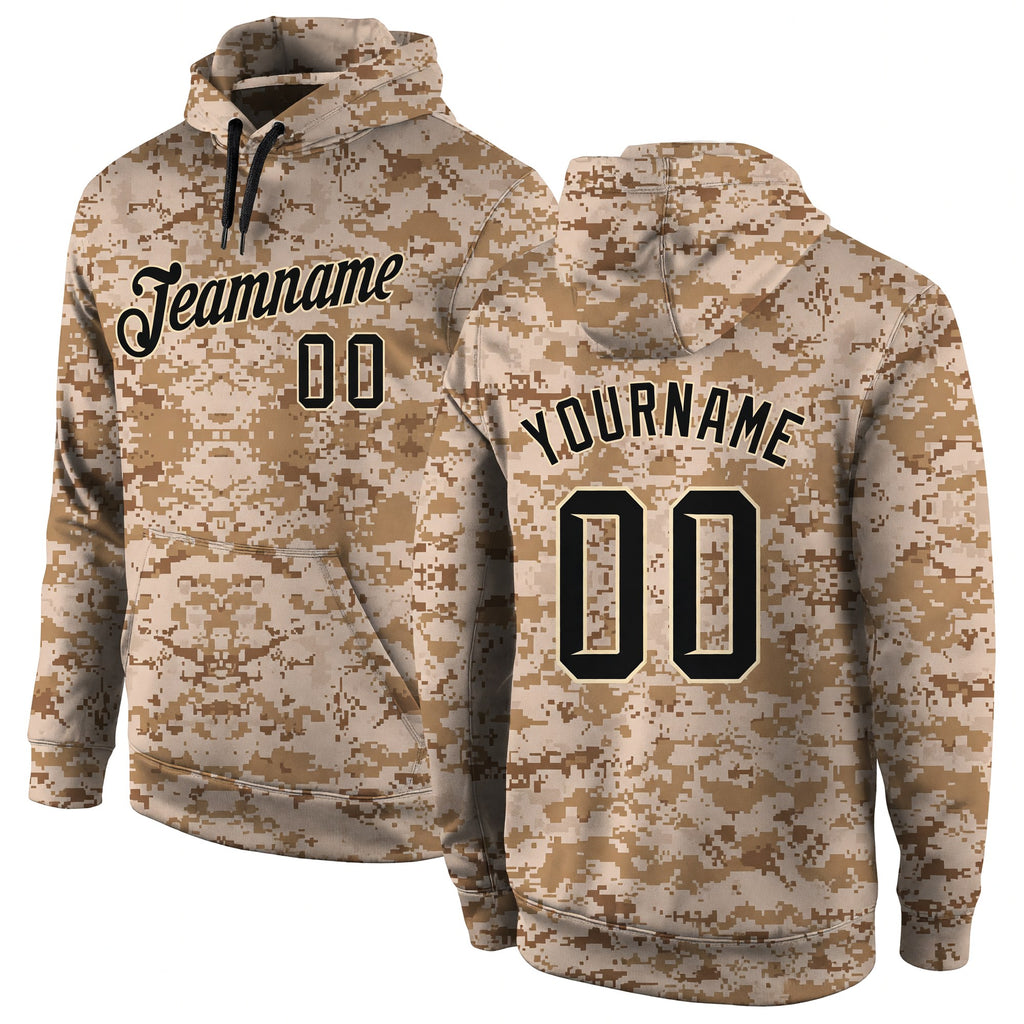 Custom Stitched Camo Black-Cream Sports Pullover Sweatshirt Salute To Service Hoodie
