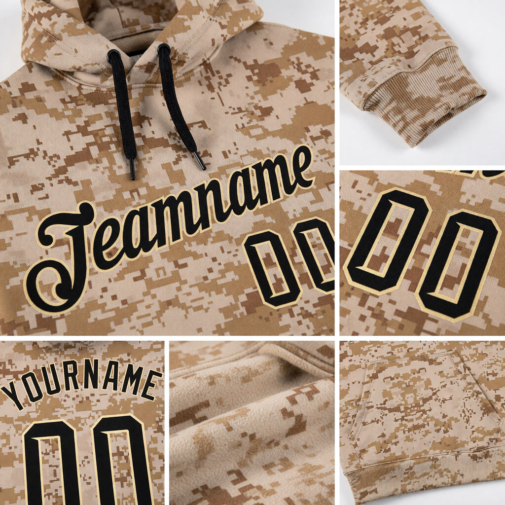 Custom Stitched Camo Black-Cream Sports Pullover Sweatshirt Salute To Service Hoodie detail