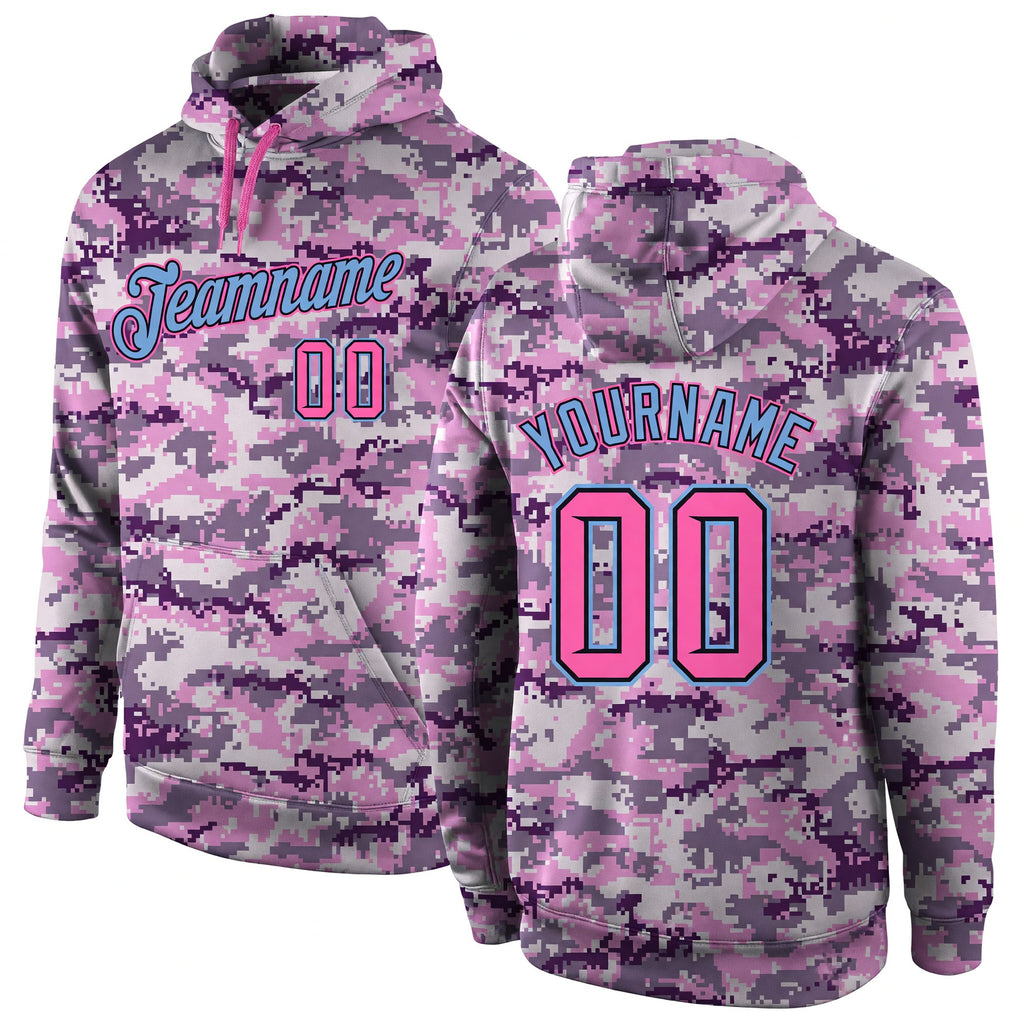 Custom Stitched Camo Pink-Light Blue Sports Pullover Sweatshirt Salute To Service Hoodie