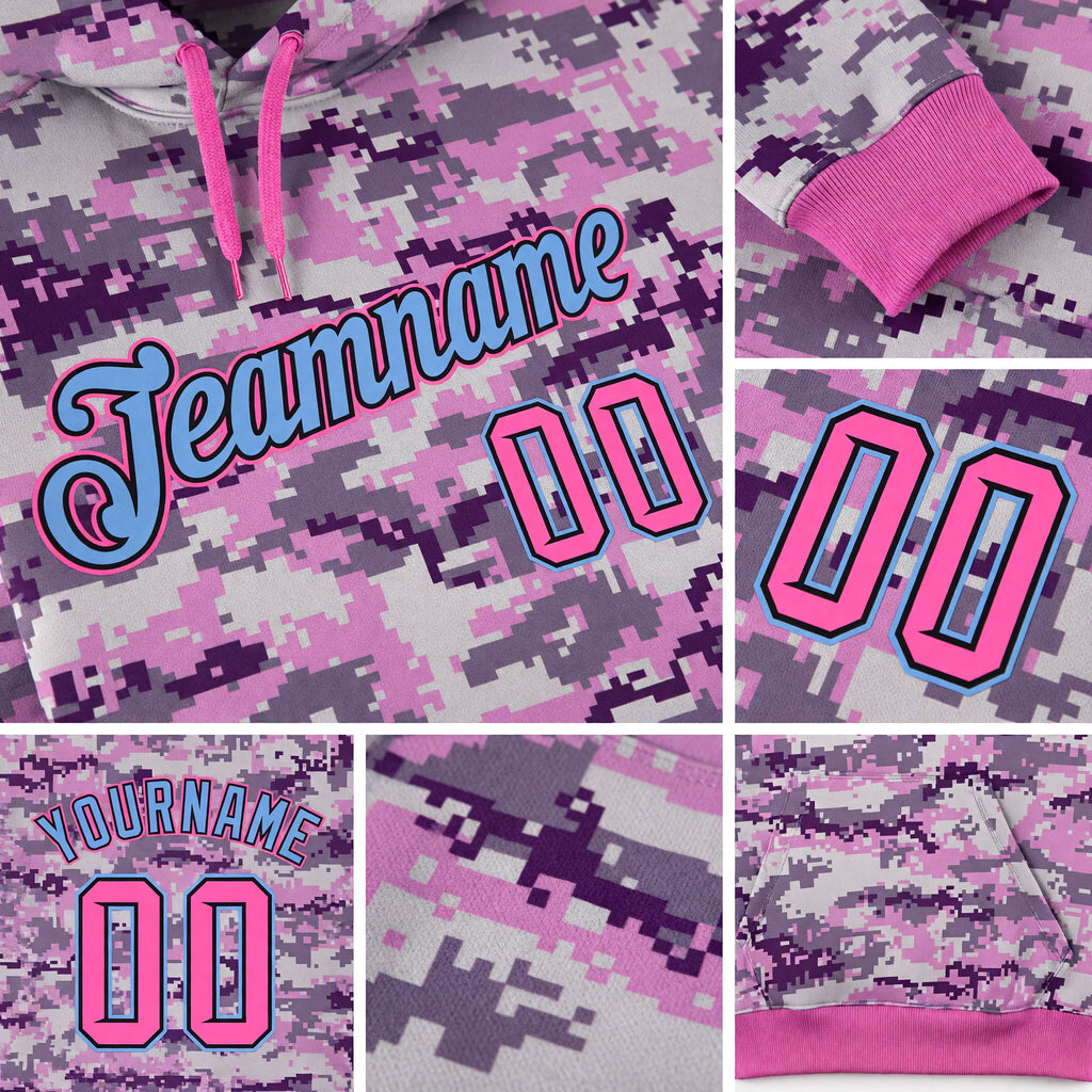 Custom Stitched Camo Pink-Light Blue Sports Pullover Sweatshirt Salute To Service Hoodie detail