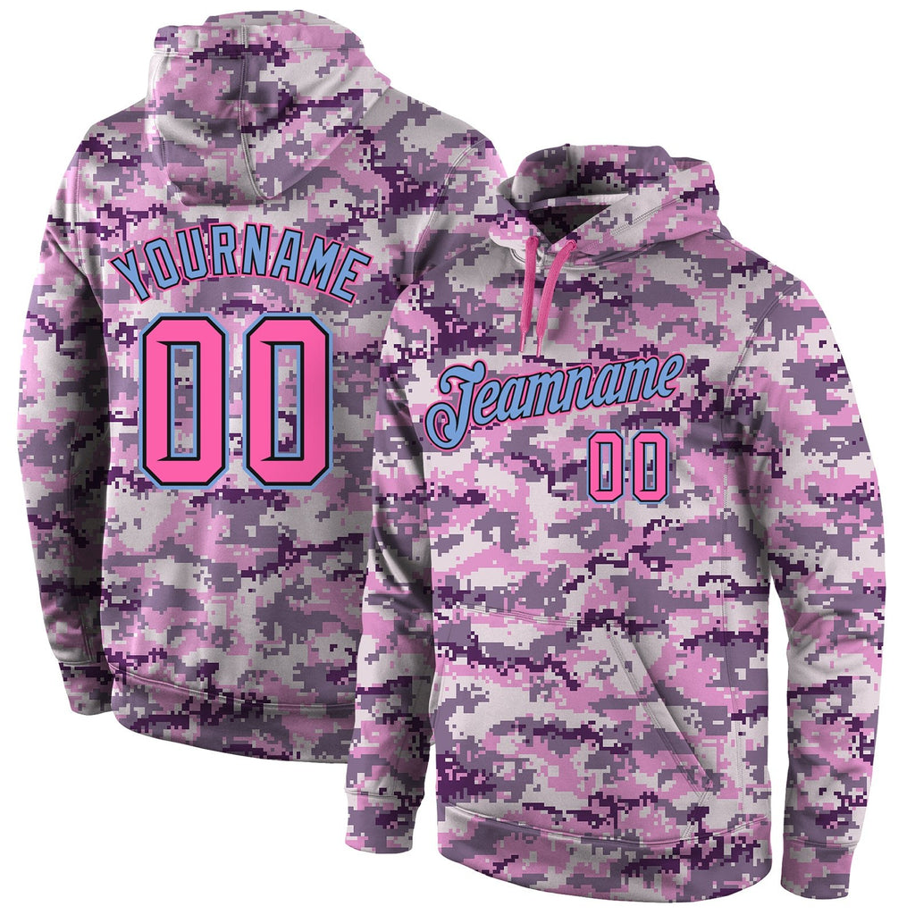 Custom Stitched Camo Pink-Light Blue Sports Pullover Sweatshirt Salute To Service Hoodie photo 1