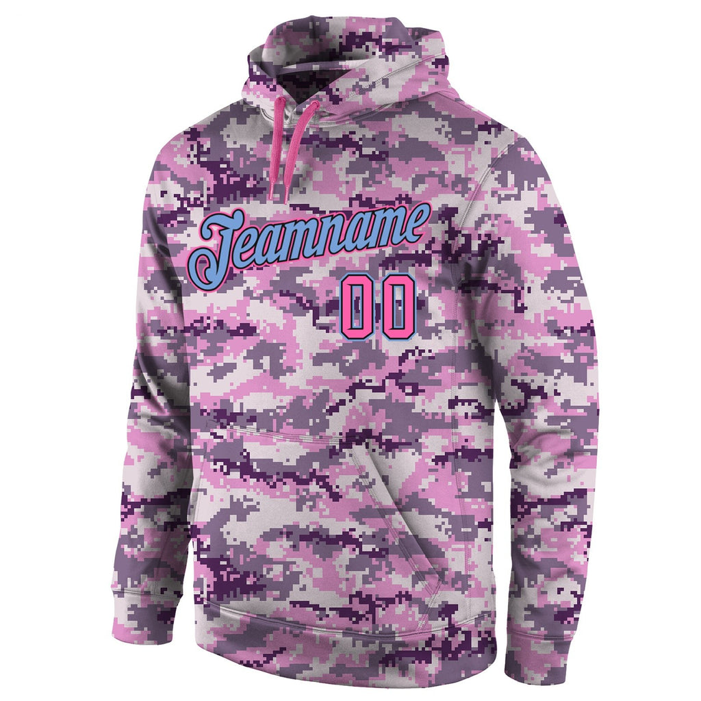 Custom Stitched Camo Pink-Light Blue Sports Pullover Sweatshirt Salute To Service Hoodie photo 2