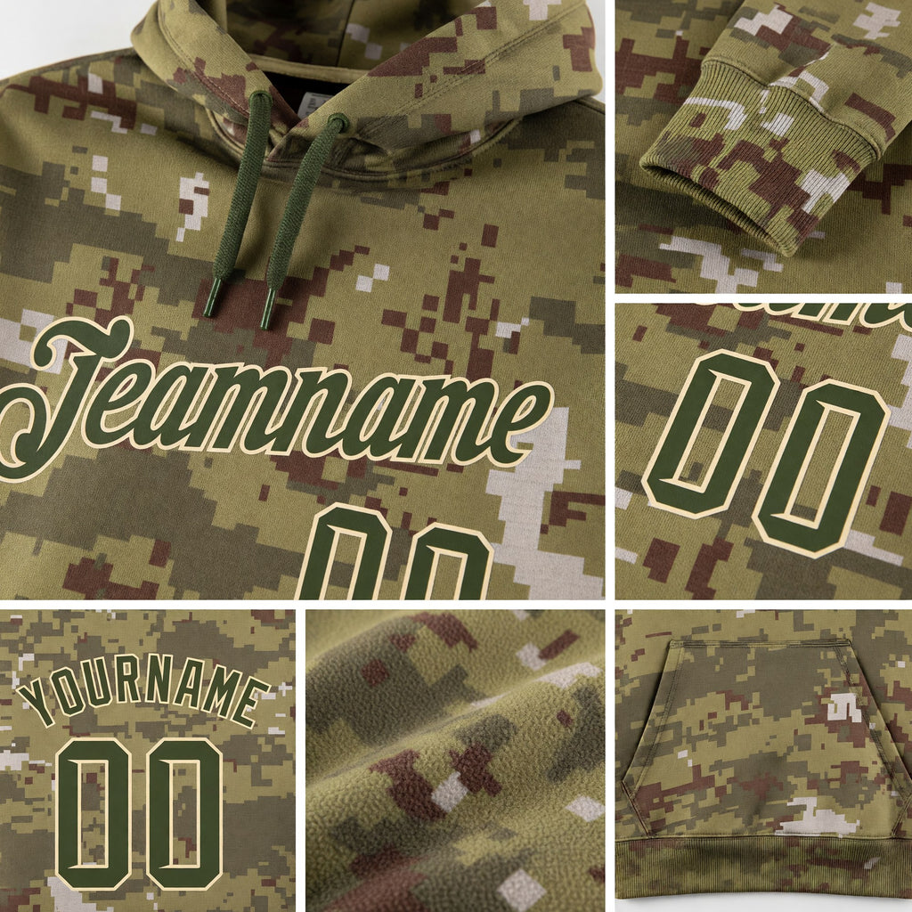Custom Stitched Camo Olive-Cream Sports Pullover Sweatshirt Salute To Service Hoodie detail