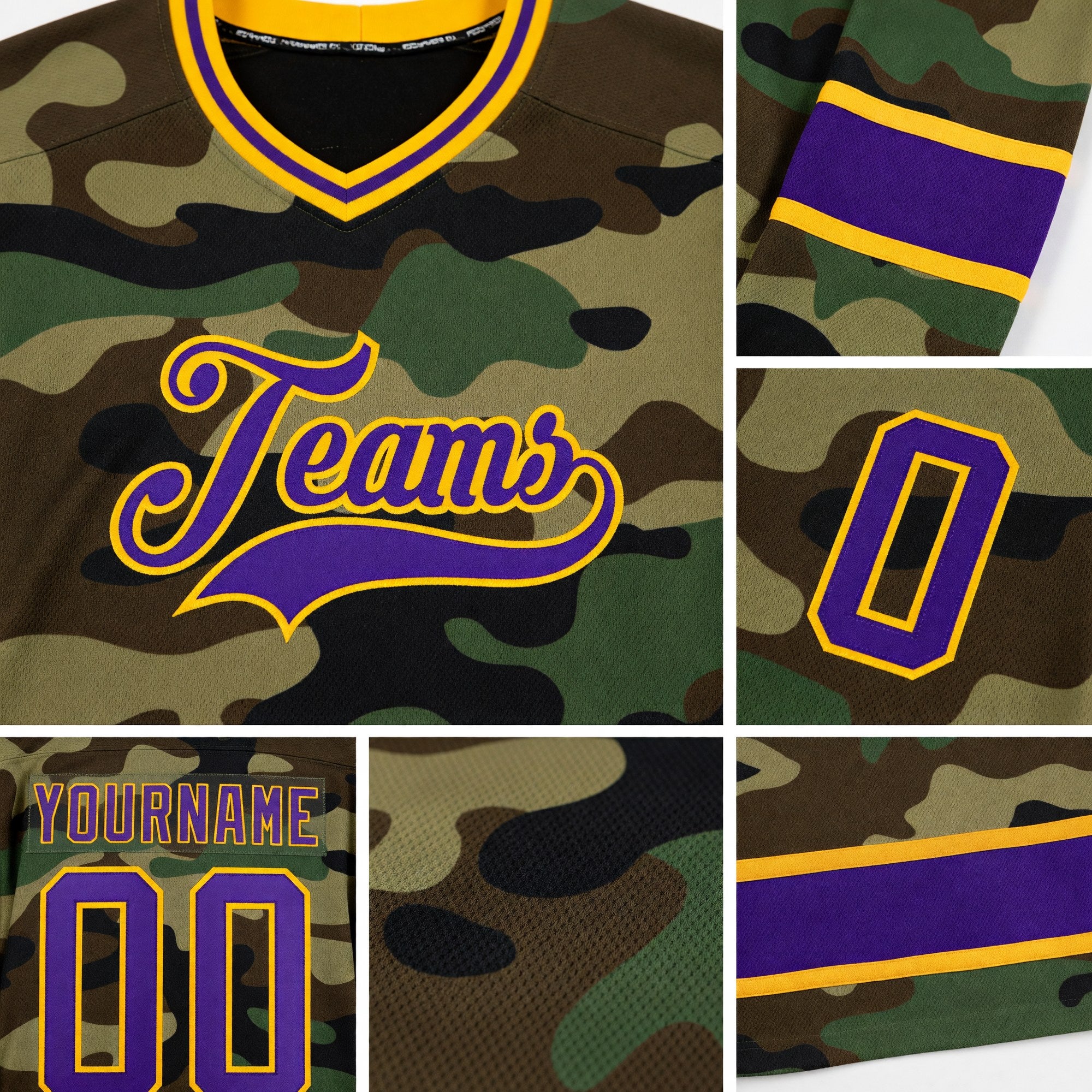 Custom Camo Purple-Gold Salute To Service Hockey Jersey detail