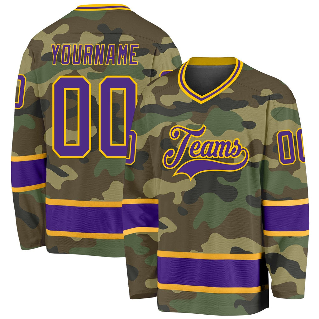Custom Camo Purple-Gold Salute To Service Hockey Jersey photo 1