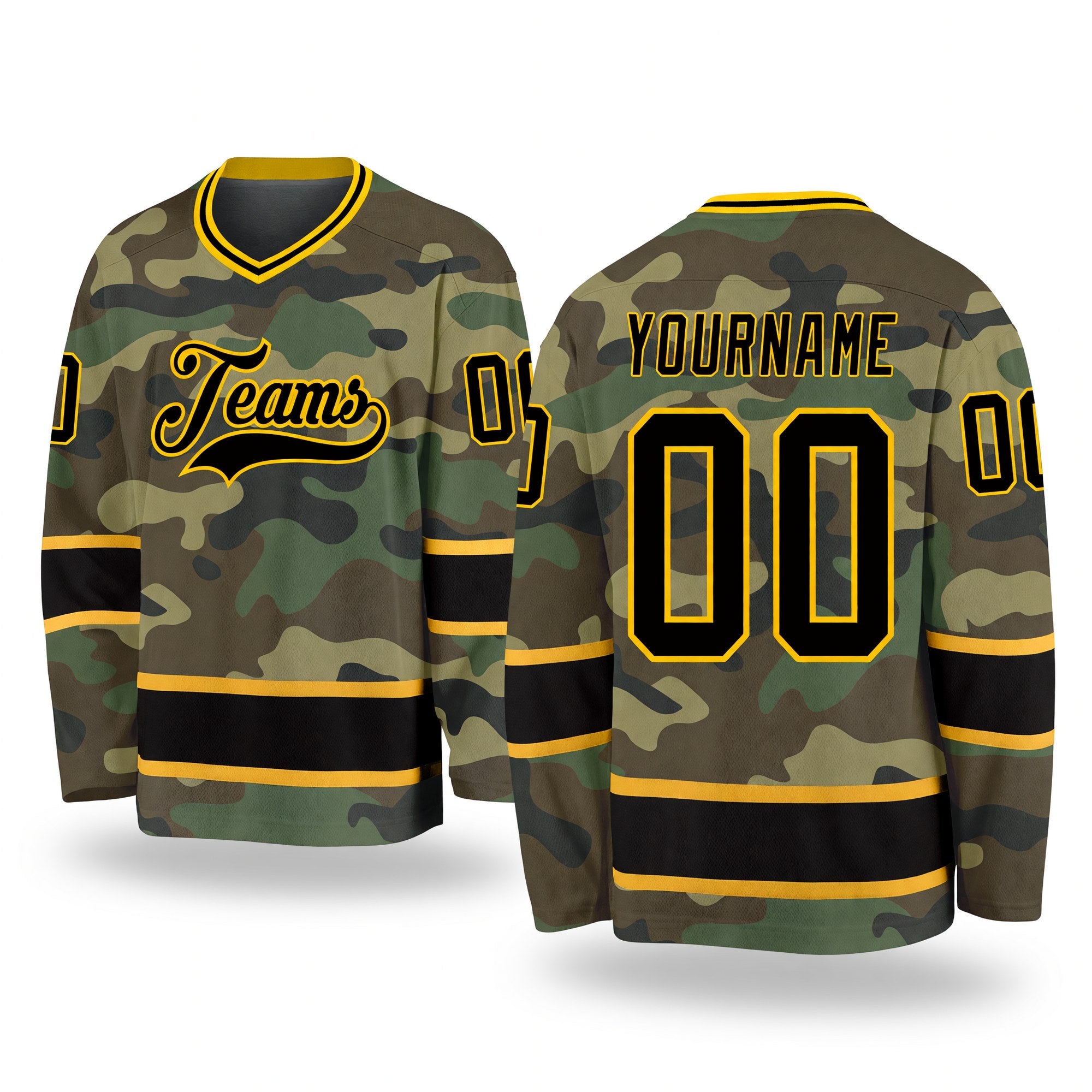 Custom Camo Black-Gold Salute To Service Hockey Jersey