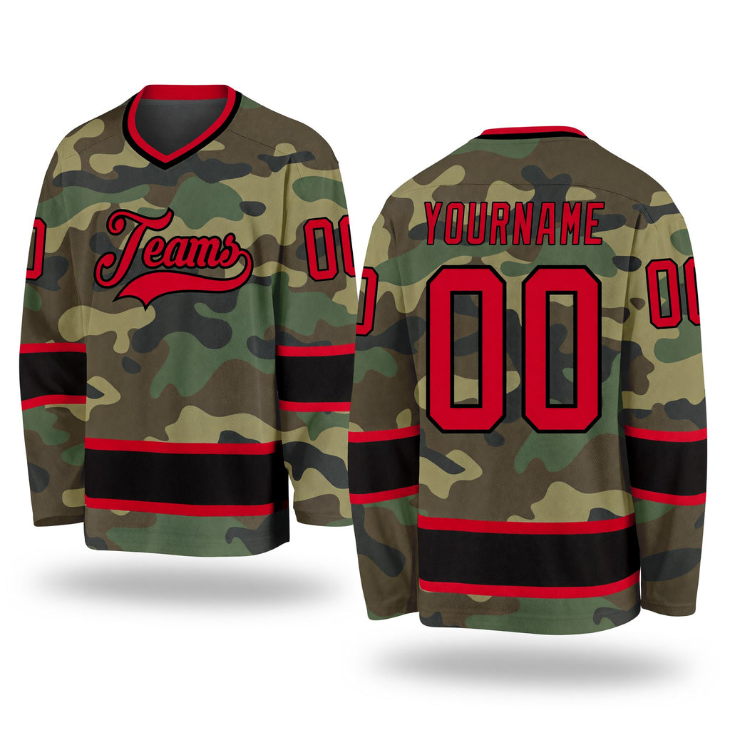 Custom Camo Red-Black Salute To Service Hockey Jersey