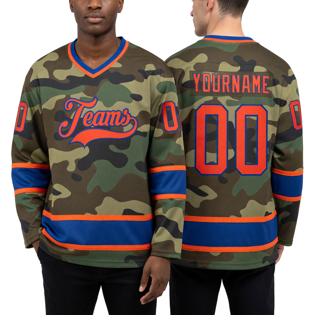 Custom Camo Orange-Royal Salute To Service Hockey Jersey worn front and back