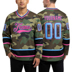Custom Camo Light Blue-Pink Salute To Service Hockey Jersey worn front and back