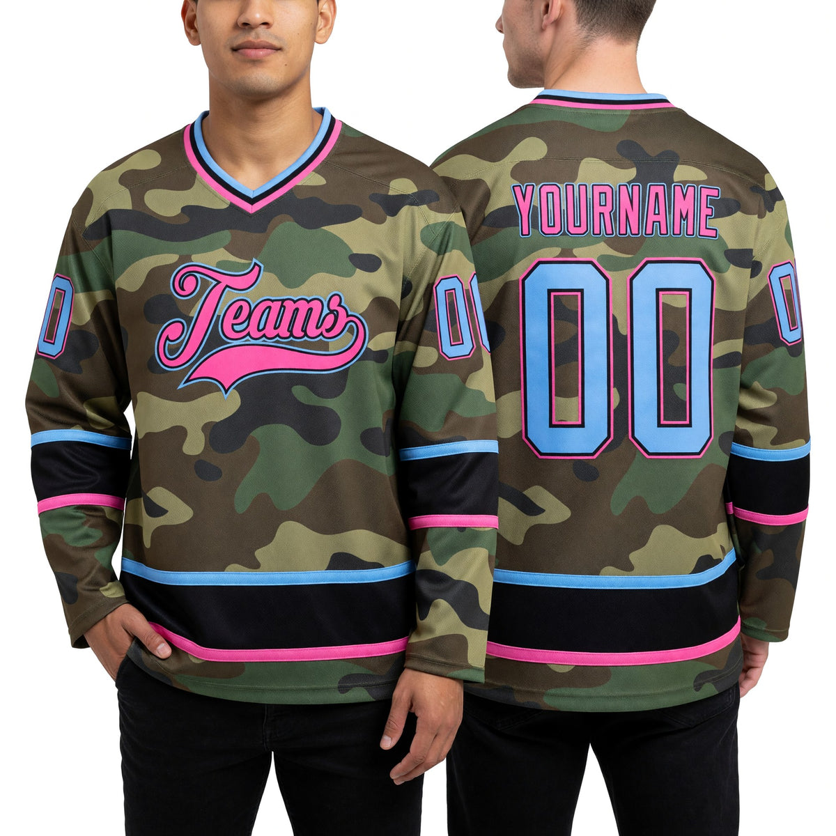 Custom Camo Light Blue-Pink Salute To Service Hockey Jersey worn front and back
