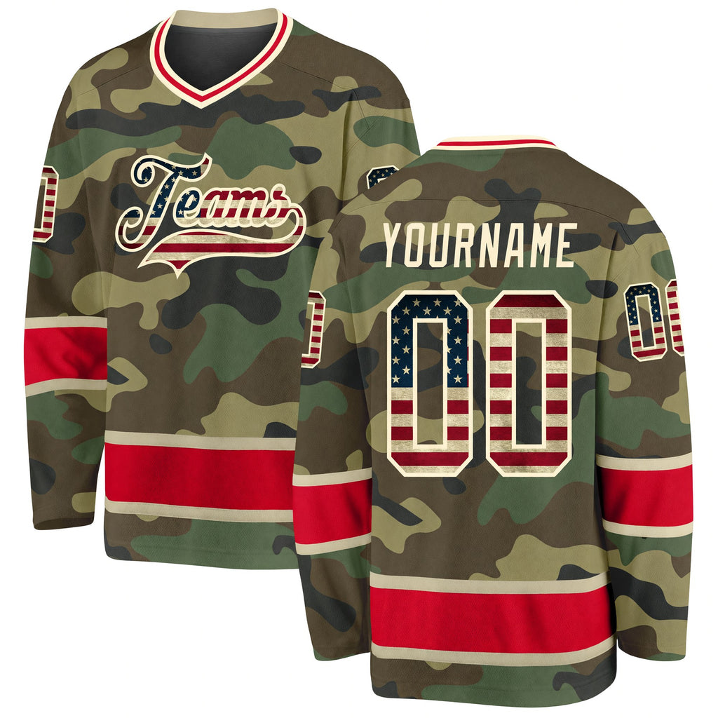 Custom Camo Vintage USA Flag-Red Salute To Service Hockey Jersey
