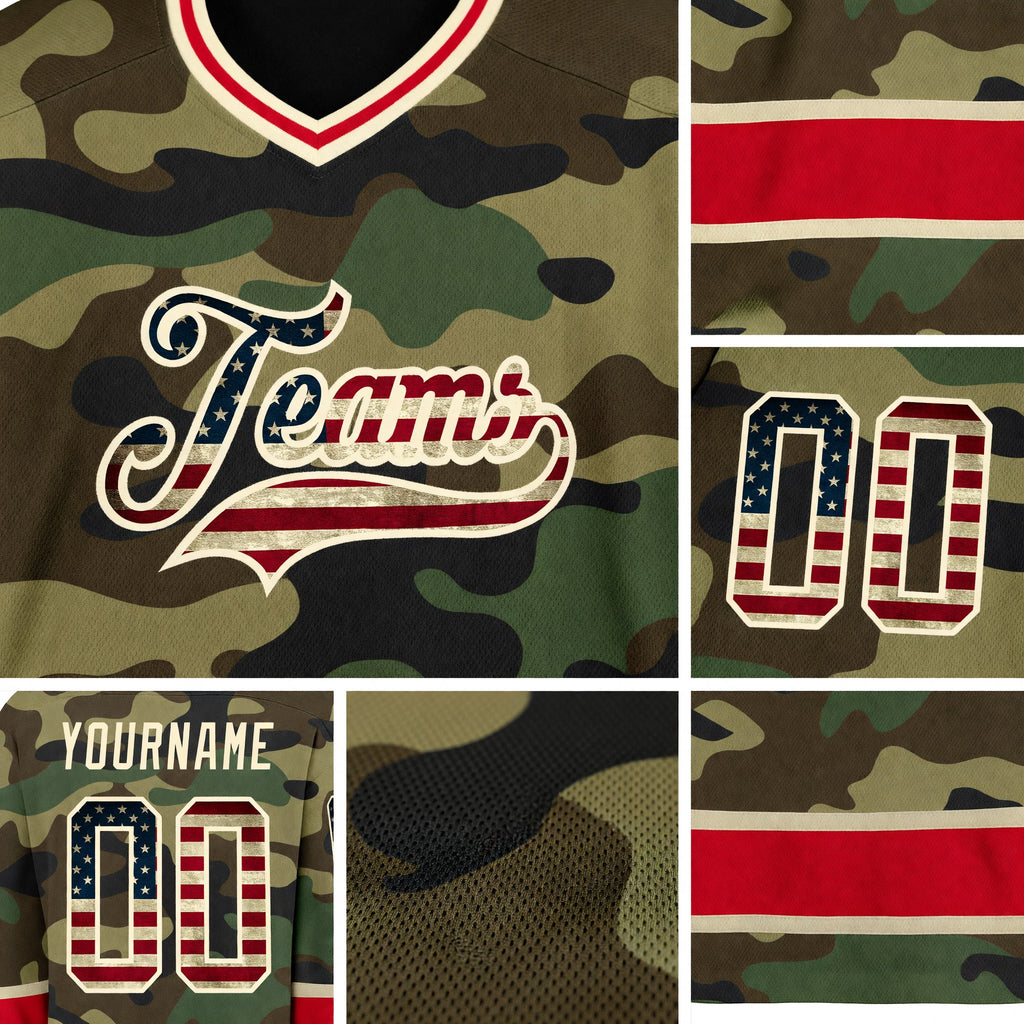 Custom Camo Vintage USA Flag-Red Salute To Service Hockey Jersey detail