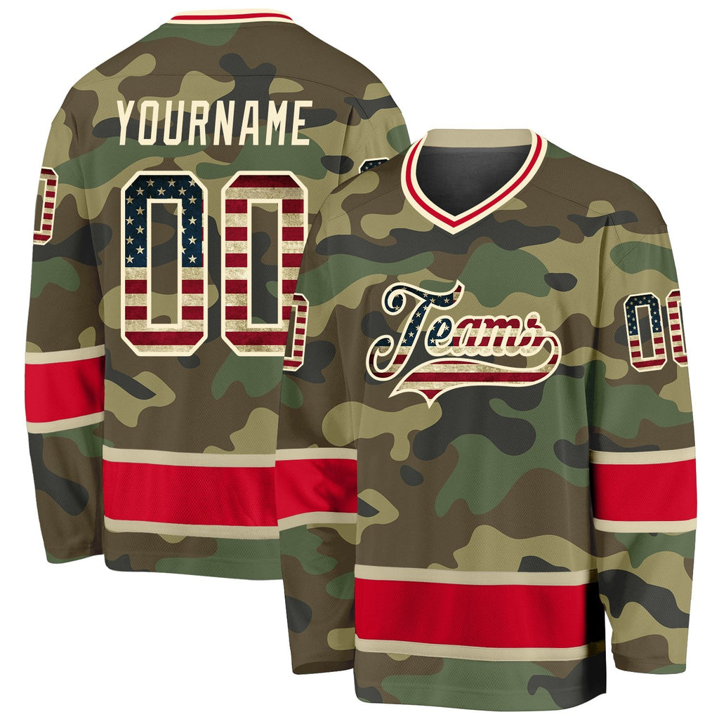 Custom Camo Vintage USA Flag-Red Salute To Service Hockey Jersey photo 1
