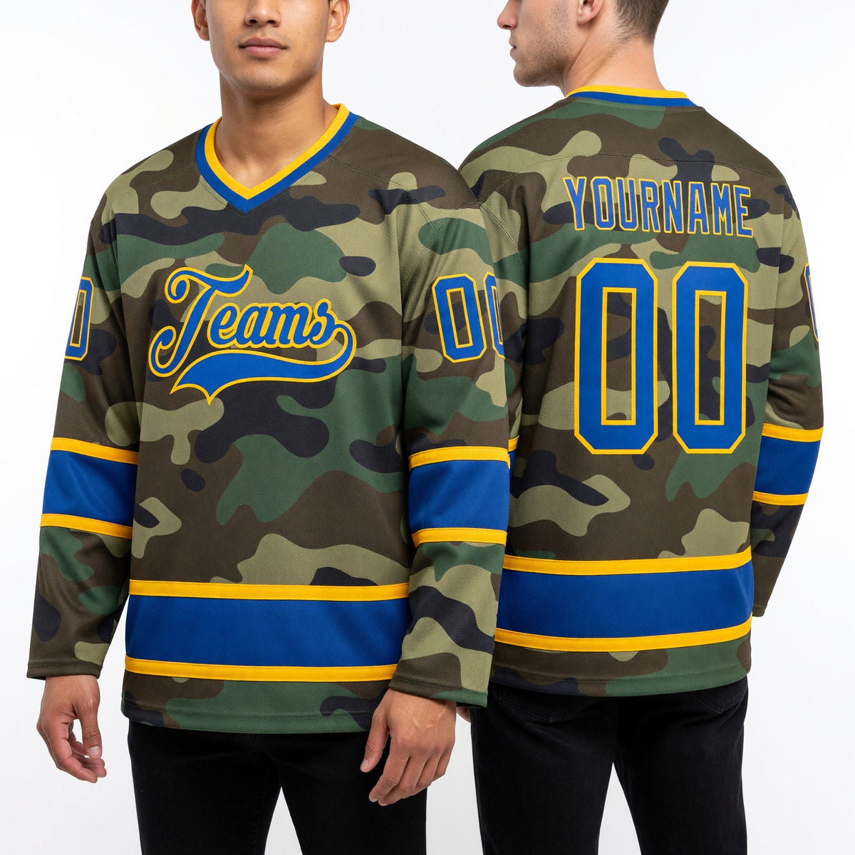 Custom Camo Royal-Gold Salute To Service Hockey Jersey worn front and back