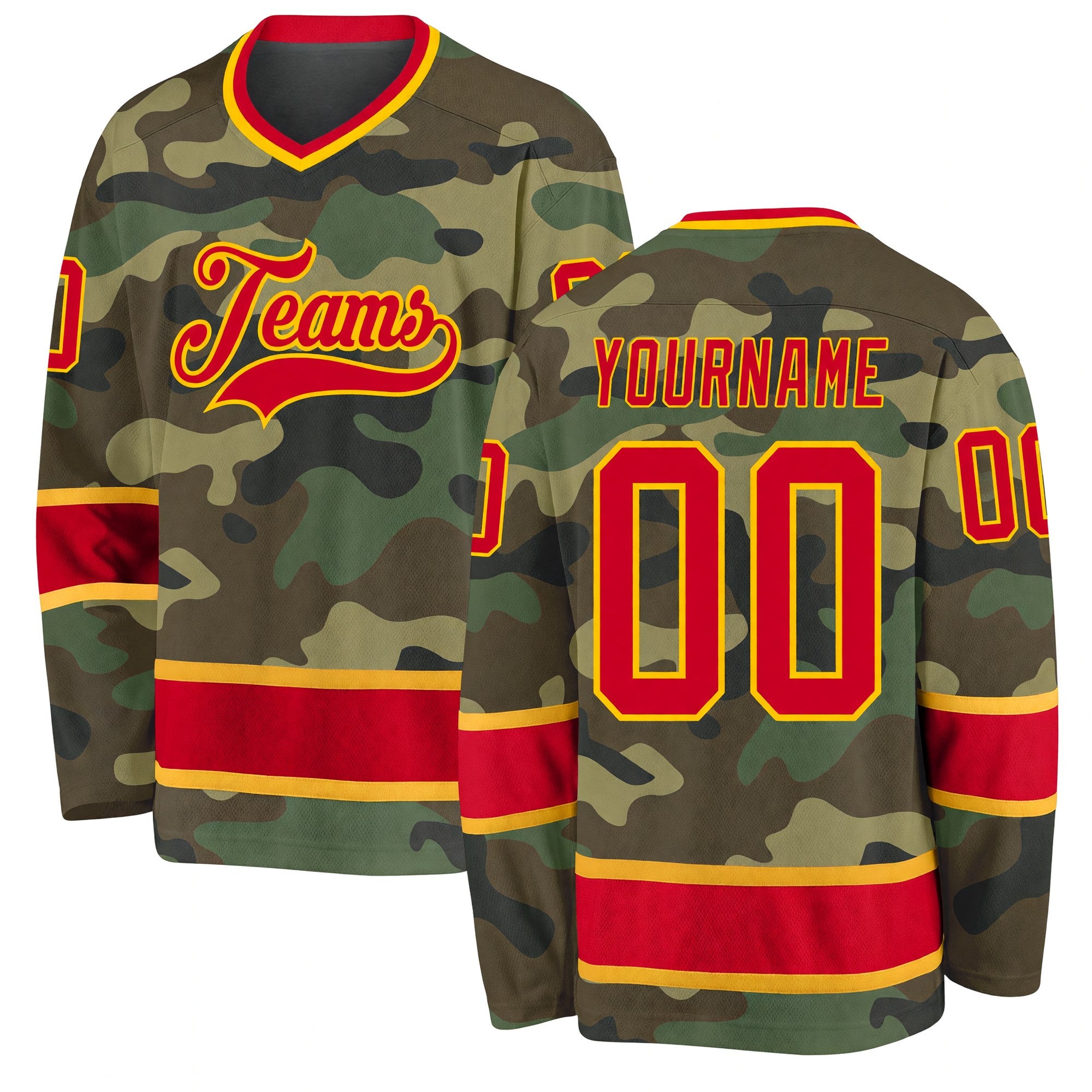 Custom Camo Red-Gold Salute To Service Hockey Jersey