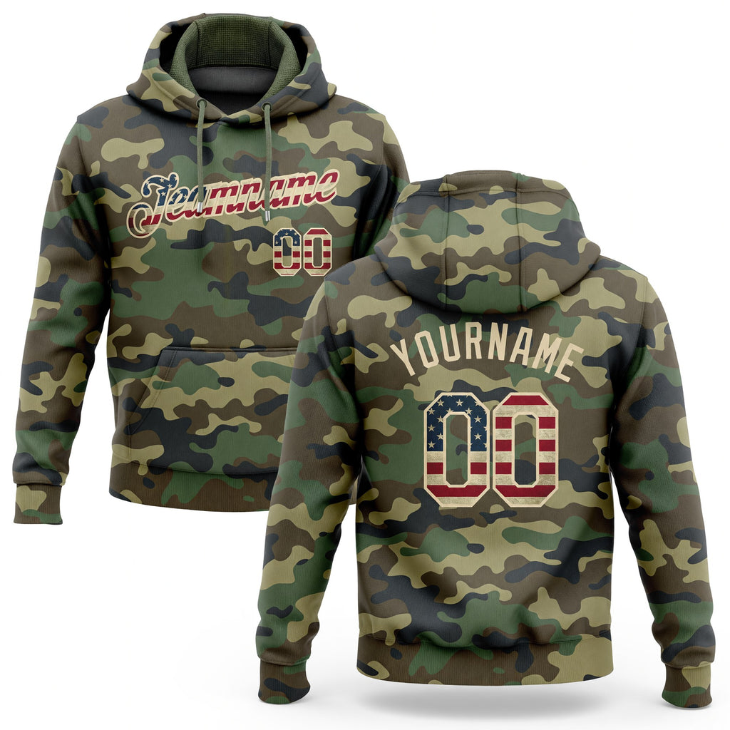 Custom Stitched Camo Vintage USA Flag-Cream Sports Pullover Sweatshirt Salute To Service Hoodie