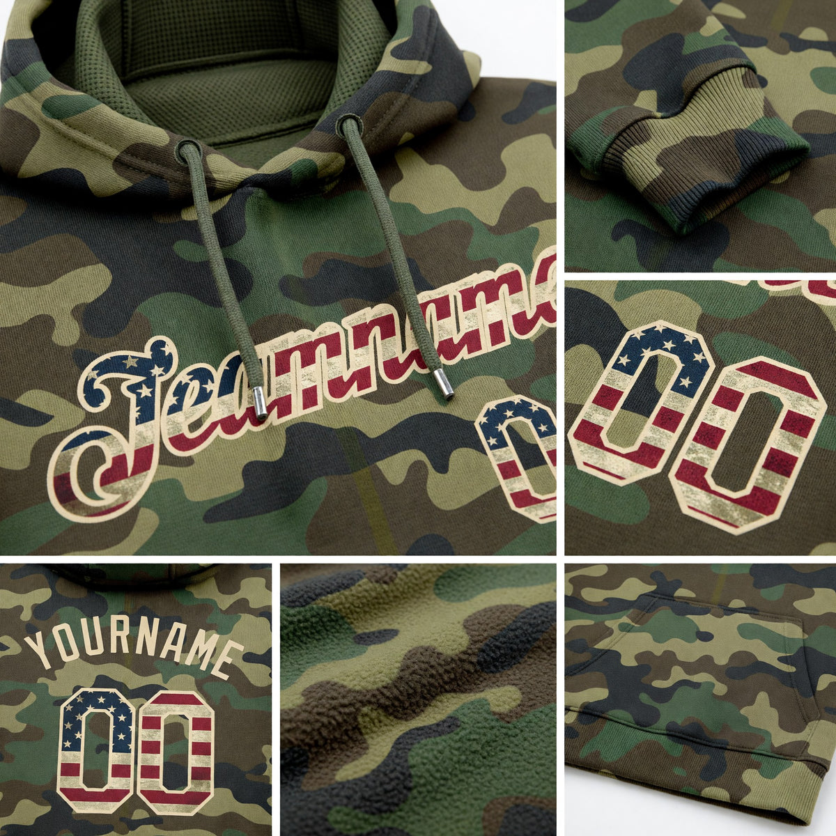 Custom Stitched Camo Vintage USA Flag-Cream Sports Pullover Sweatshirt Salute To Service Hoodie detail