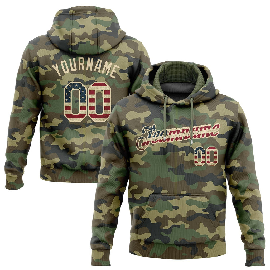 Custom Stitched Camo Vintage USA Flag-Cream Sports Pullover Sweatshirt Salute To Service Hoodie photo 1