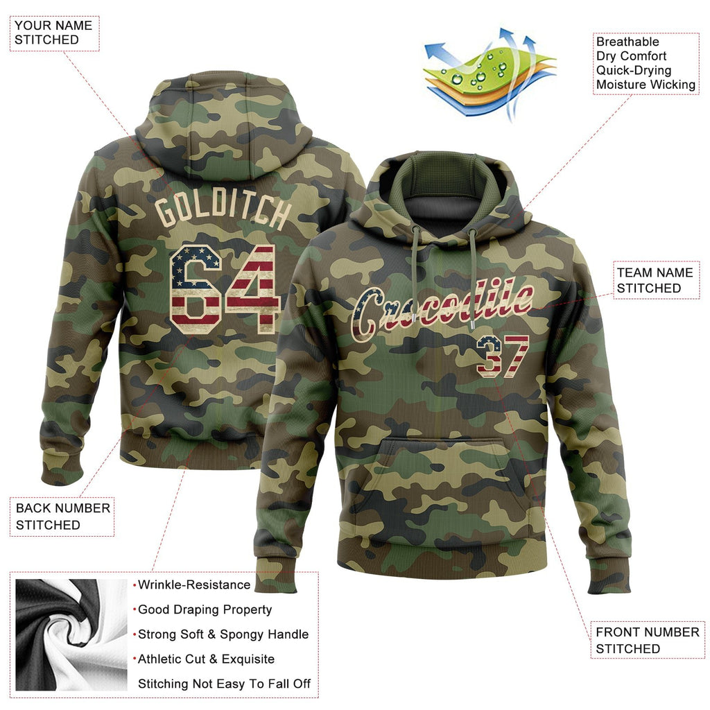 Custom Stitched Camo Vintage USA Flag-Cream Sports Pullover Sweatshirt Salute To Service Hoodie photo 2