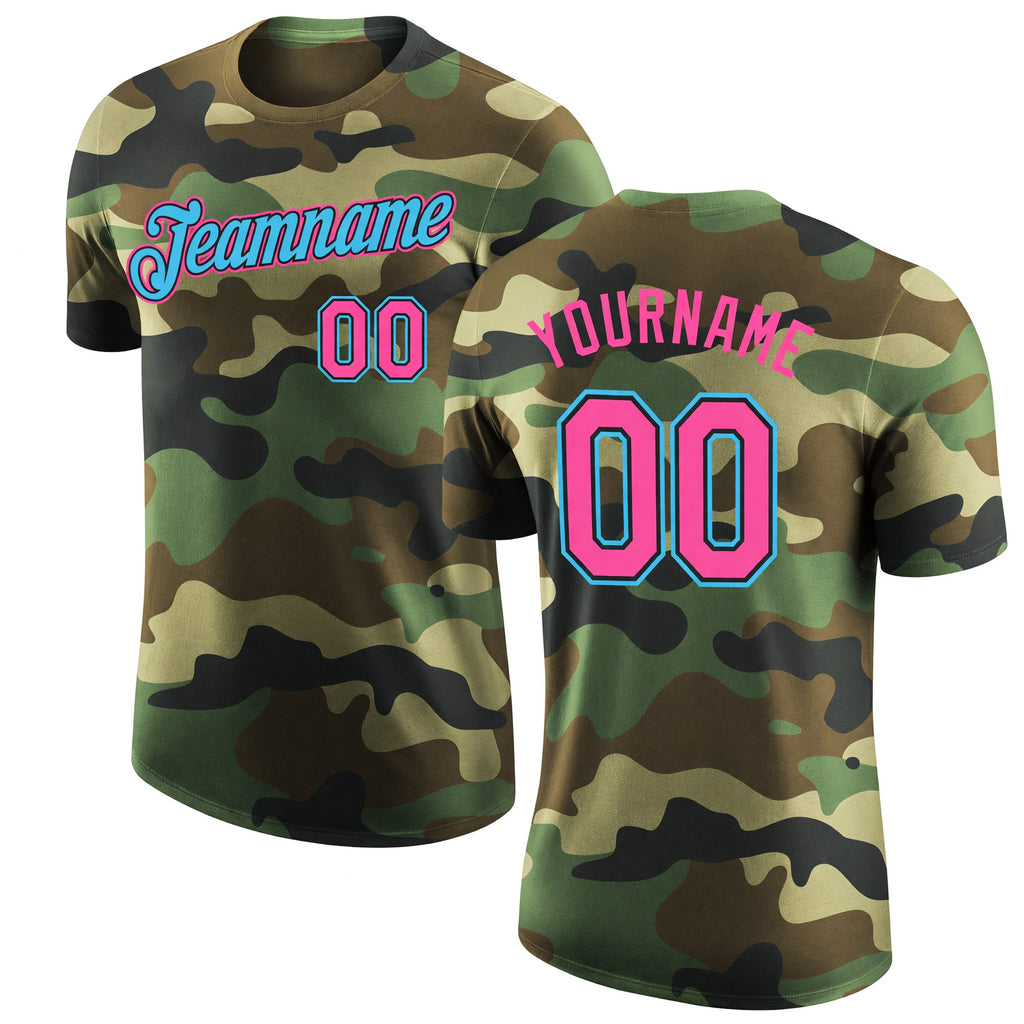 Custom Camo Pink Black-Sky Blue Performance Salute To Service T-Shirt