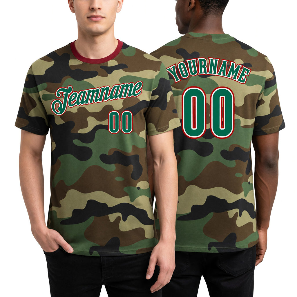 Custom Camo Kelly Green-Red Performance Salute To Service T-Shirt worn front and back