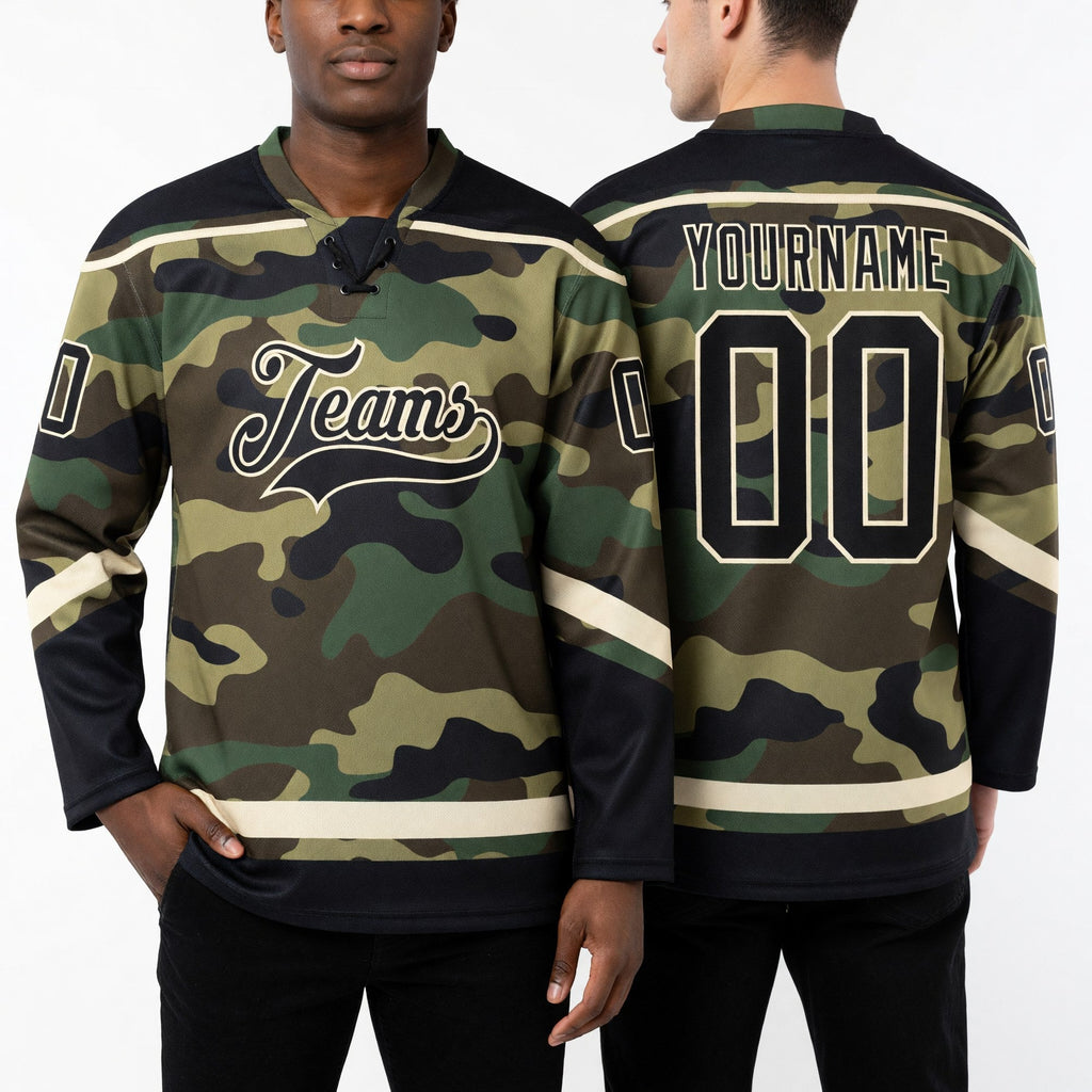 Custom Camo Black-Cream Salute To Service Hockey Lace Neck Jersey worn front and back