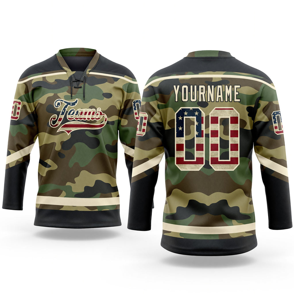 Custom Camo Vintage USA Flag Cream-Black Salute To Service Hockey Lace Neck Jersey