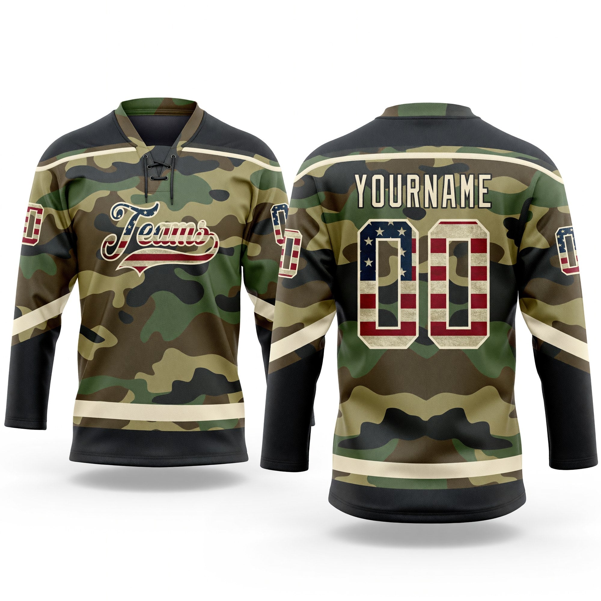 Custom Camo Vintage USA Flag Cream-Black Salute To Service Hockey Lace Neck Jersey
