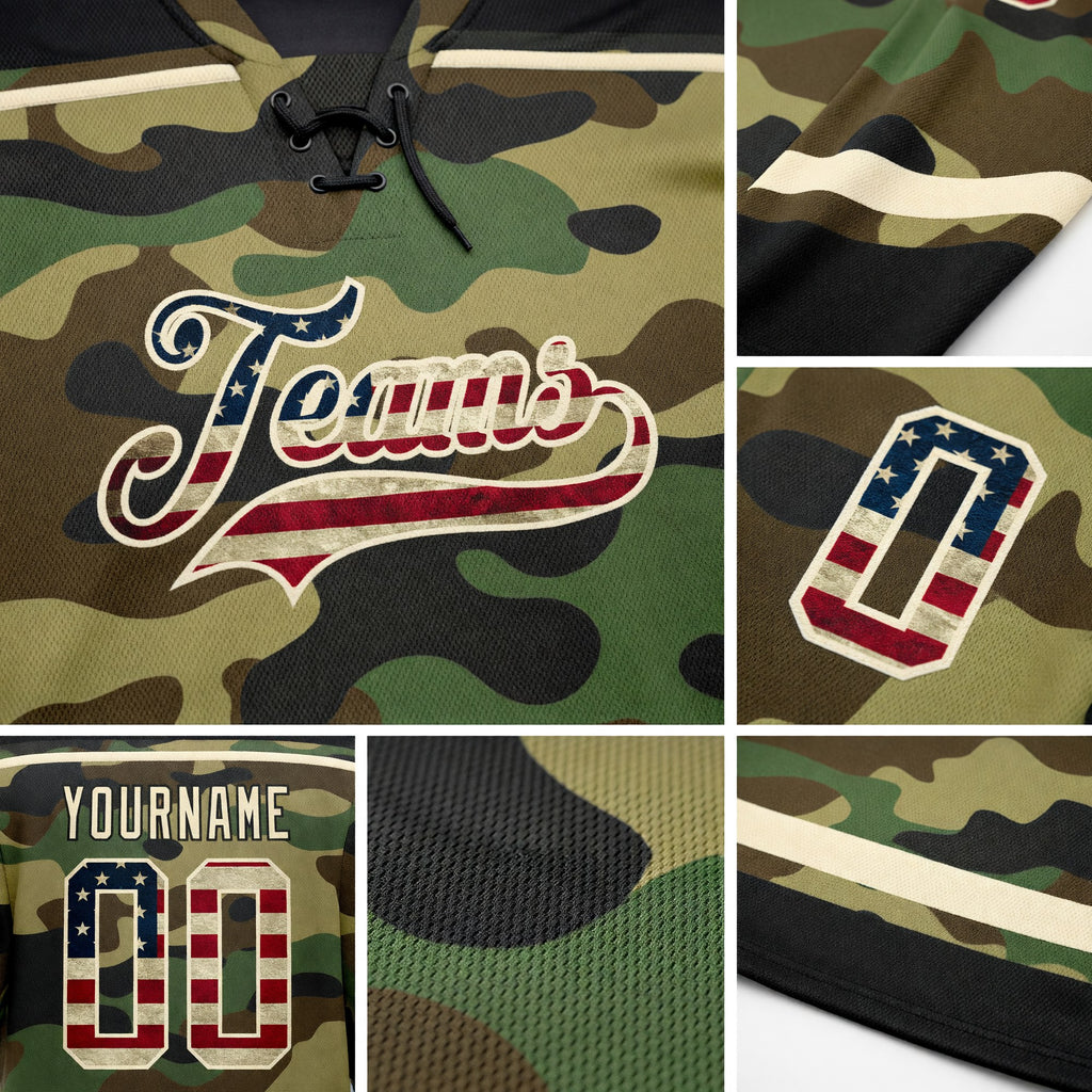 Custom Camo Vintage USA Flag Cream-Black Salute To Service Hockey Lace Neck Jersey detail