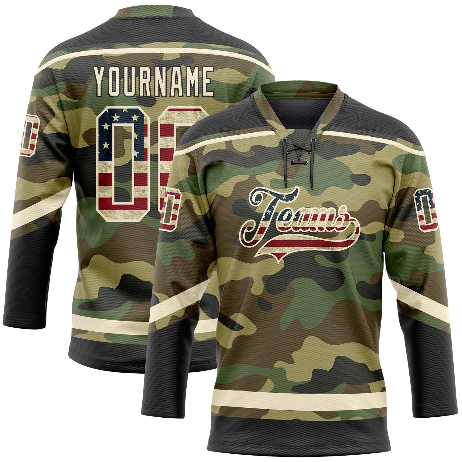 Custom Camo Vintage USA Flag Cream-Black Salute To Service Hockey Lace Neck Jersey photo 1