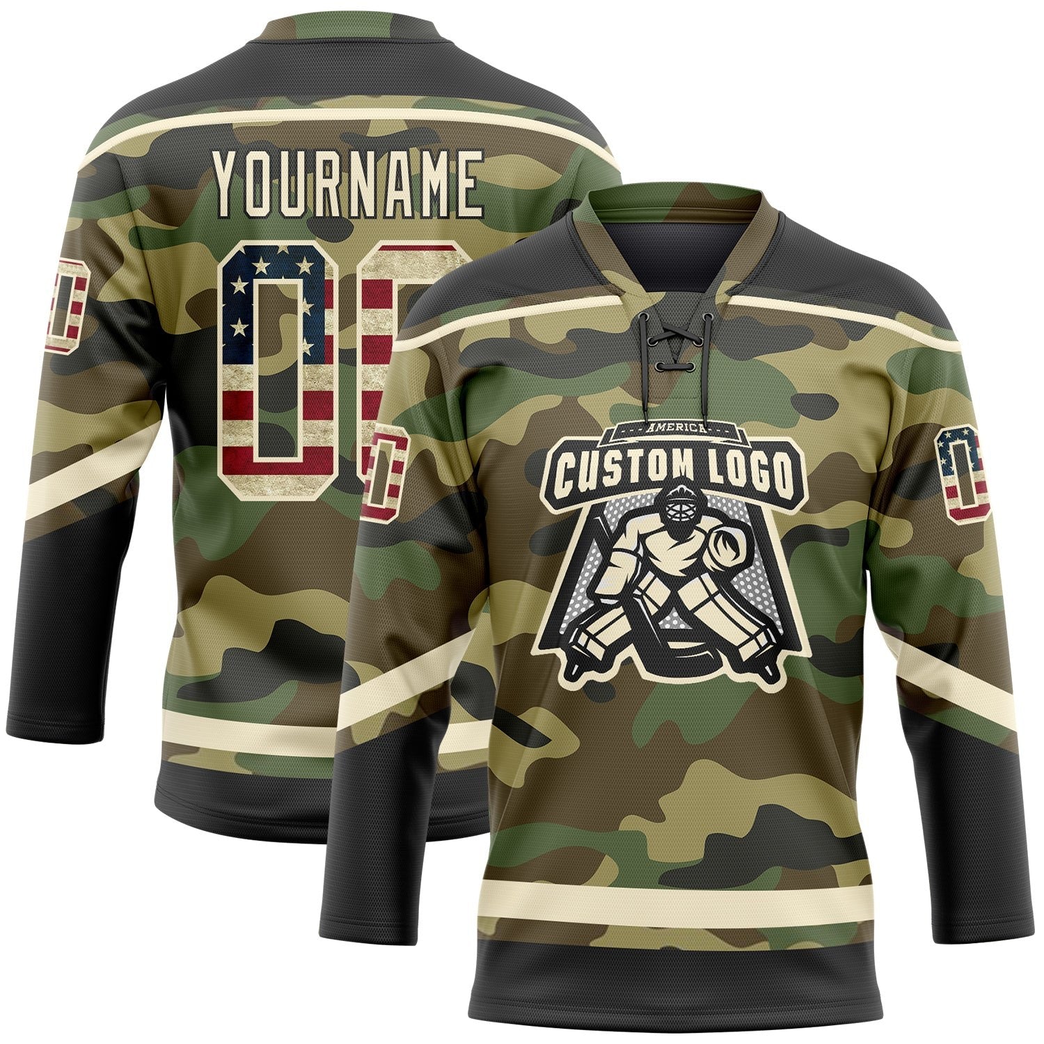 Custom Camo Vintage USA Flag Cream-Black Salute To Service Hockey Lace Neck Jersey photo 2