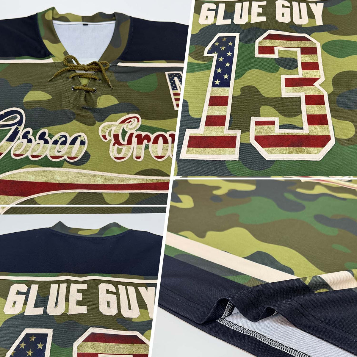 Custom Camo Vintage USA Flag Cream-Black Salute To Service Hockey Lace Neck Jersey photo 3
