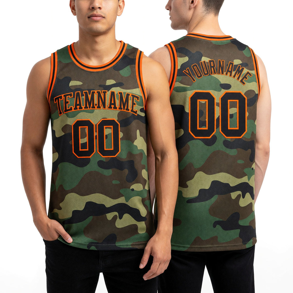 Custom Camo Black-Orange Authentic Salute To Service Basketball Jersey worn front and back