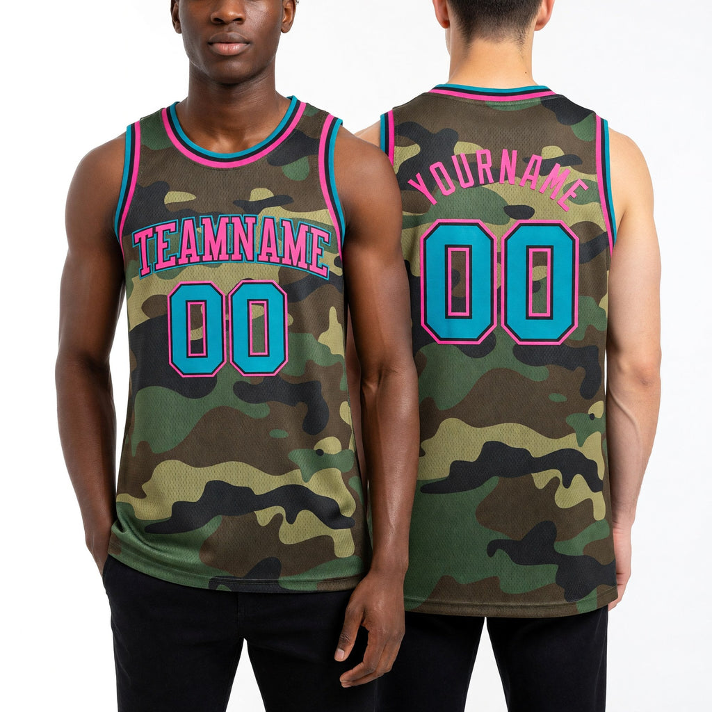 Custom Camo Teal Black-Pink Authentic Salute To Service Basketball Jersey worn front and back