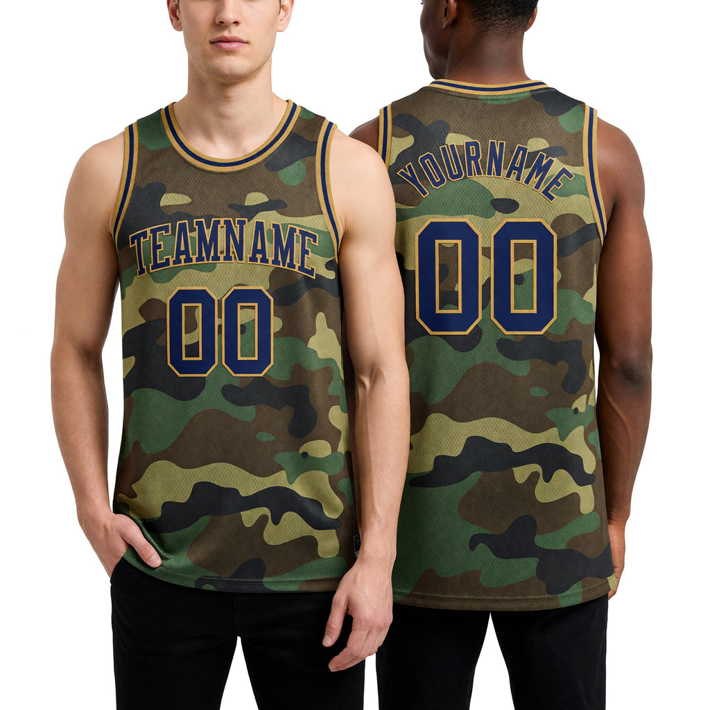 Custom Camo Navy-Old Gold Authentic Salute To Service Basketball Jersey worn front and back