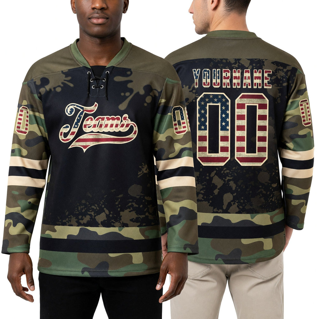 Custom Camo Vintage USA Flag Olive Black-Cream Splash Hockey Lace Neck Jersey worn front and back