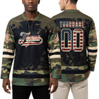 Custom Camo Vintage USA Flag Olive Black-Cream Splash Hockey Lace Neck Jersey worn front and back