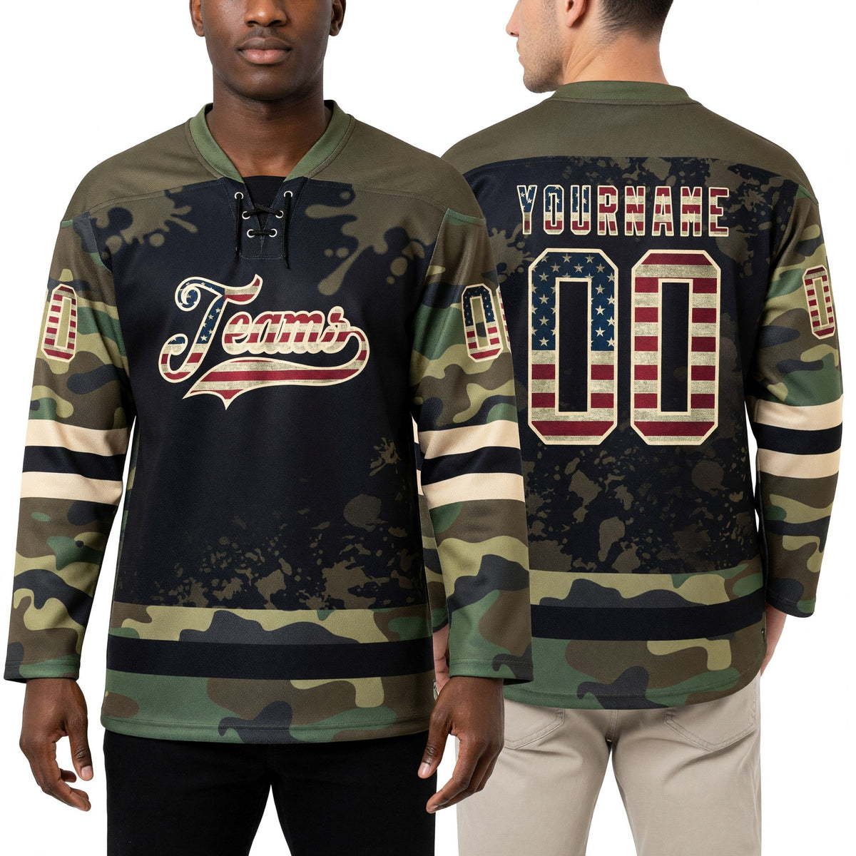 Custom Camo Vintage USA Flag Olive Black-Cream Splash Hockey Lace Neck Jersey worn front and back