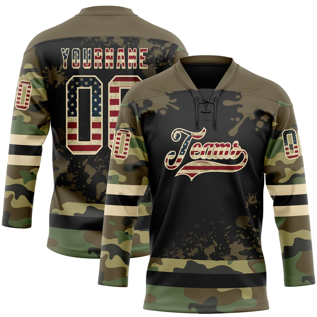 Custom Camo Vintage USA Flag Olive Black-Cream Splash Hockey Lace Neck Jersey photo 2