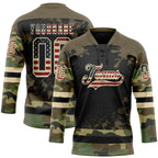 Custom Camo Vintage USA Flag Olive Black-Cream Splash Hockey Lace Neck Jersey photo 2