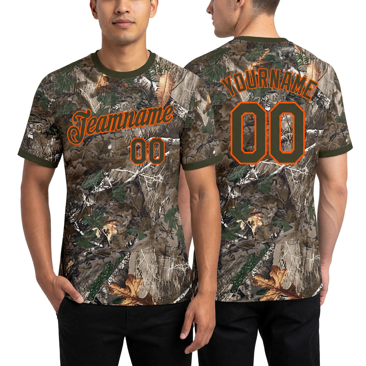 Custom Camo Olive-Orange Woodland Camouflage Salute To Service Performance T-Shirt worn front and back