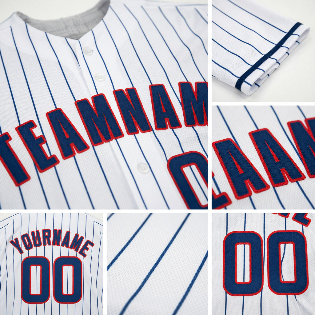Custom White Royal Pinstripe Royal-Red Baseball Jersey detail