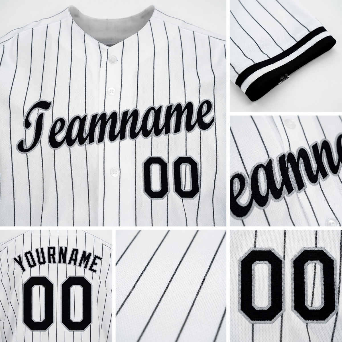 Custom White Black Pinstripe Black-Gray Baseball Jersey detail