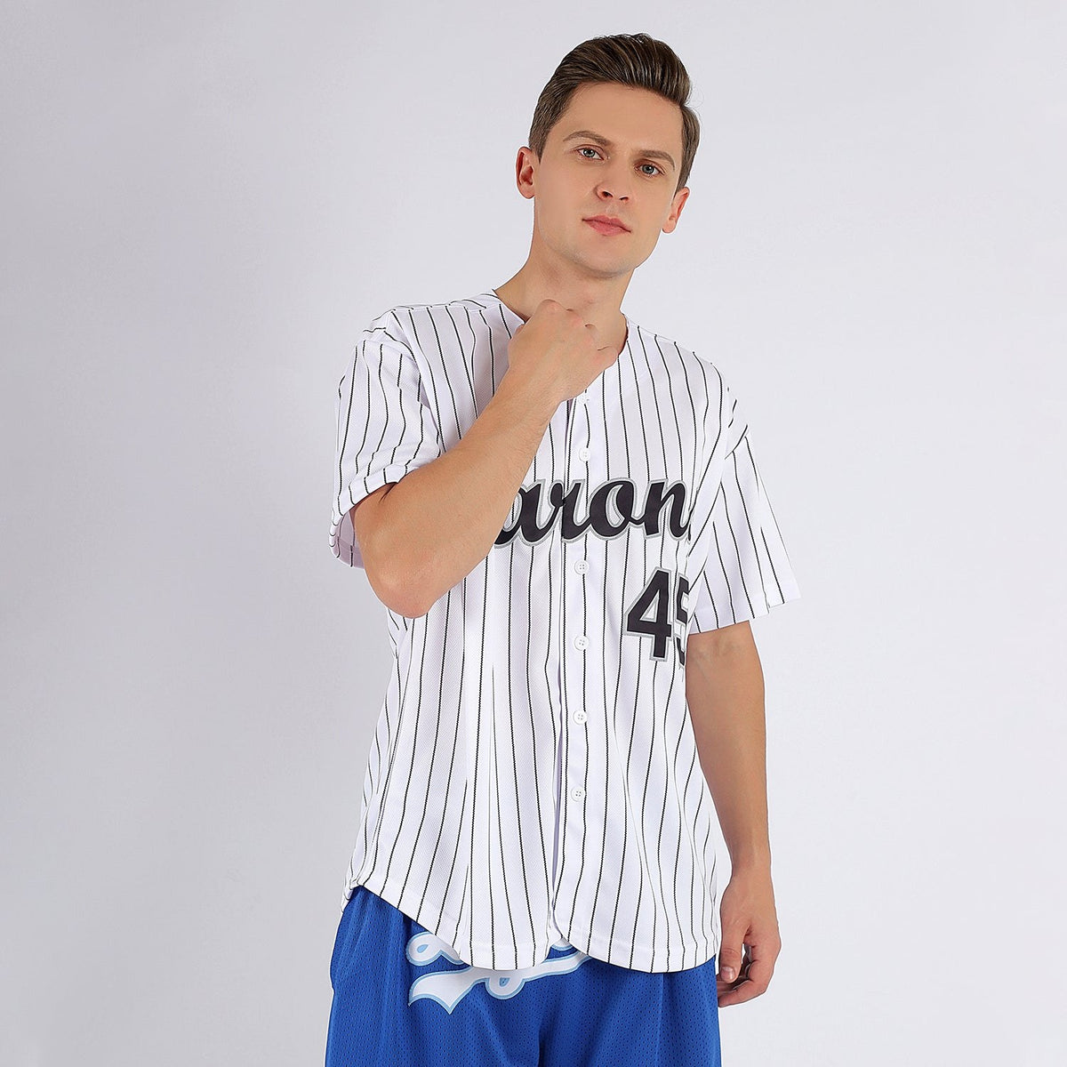 Custom White Black Pinstripe Black-Gray Baseball Jersey photo 2