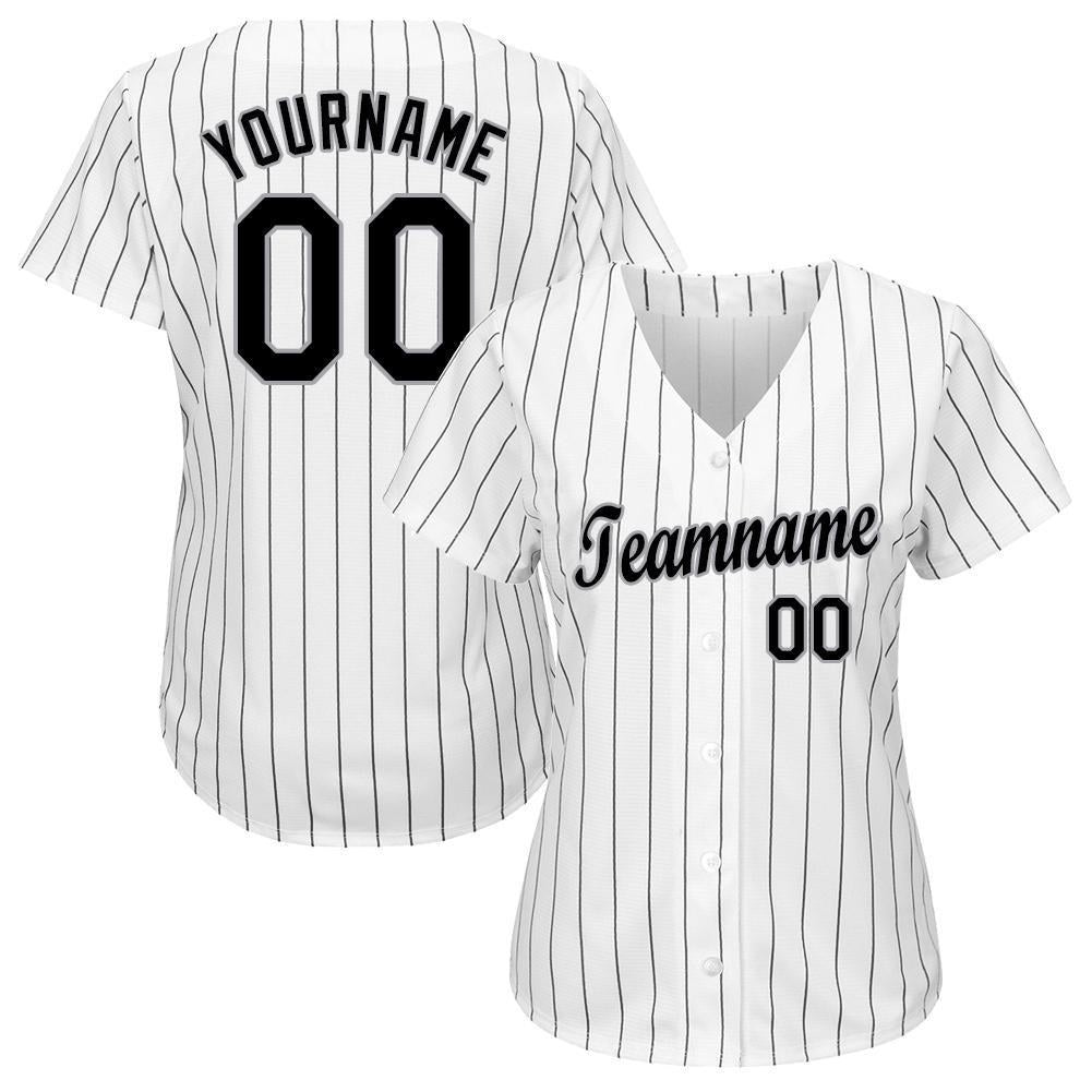 Custom White Black Pinstripe Black-Gray Baseball Jersey photo 3