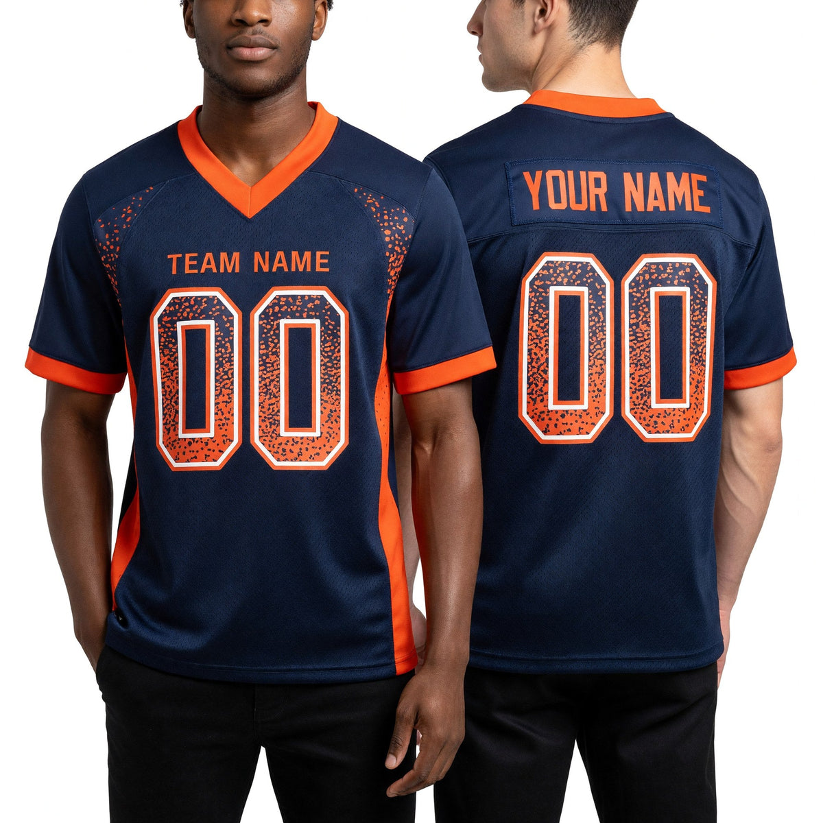 Custom Navy Orange-White Drift Fashion Football Jersey worn front and back